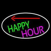 Happy Hour And Arrow Oval With White Border Neon Sign