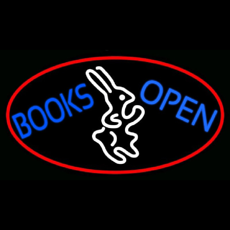 Blue Books With Rabbit Logo Open With Red Oval Neon Sign