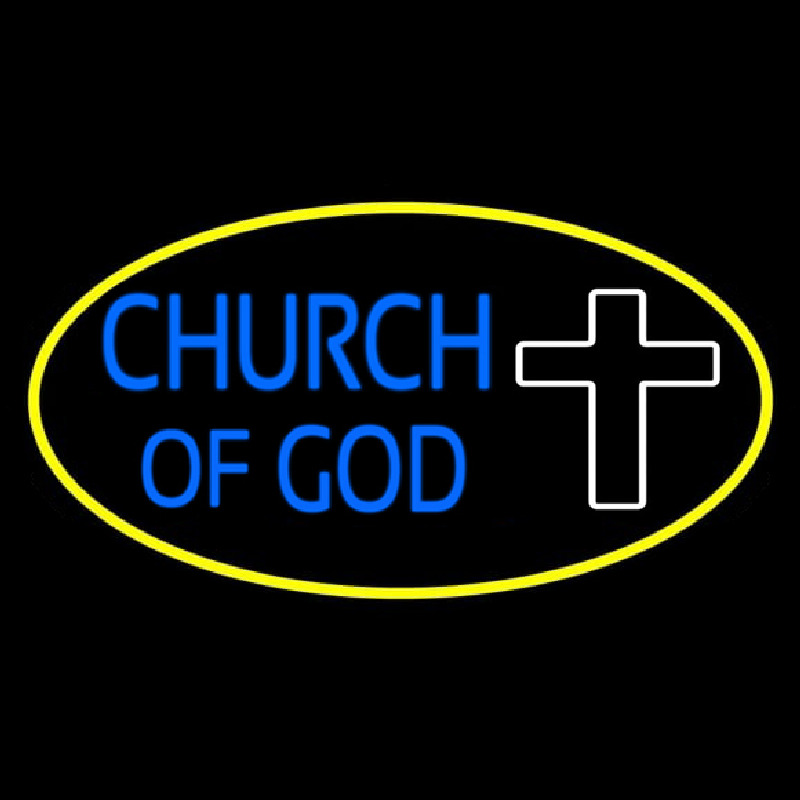 Blue Church Of God Yellow Border Neon Sign