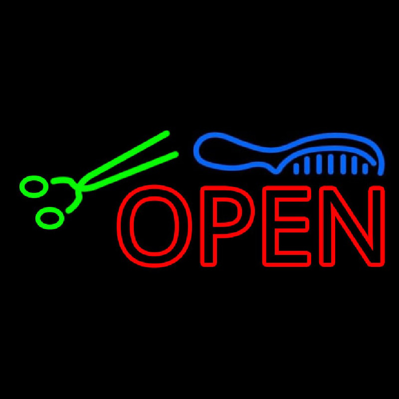 Double Stroke Open With Scissor And Comb Neon Sign