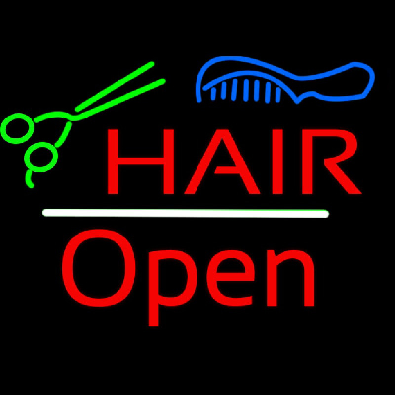 Hair Scissors Comb Open White Line Neon Sign