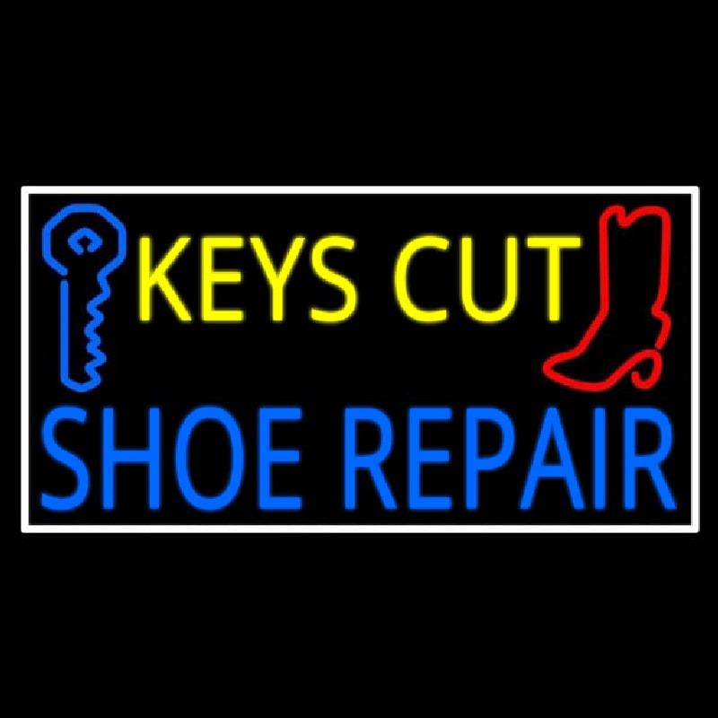 Keys Cut Shoe Repair With White Border Neon Sign