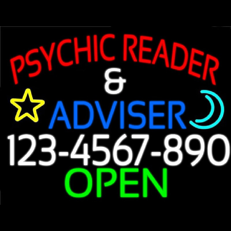 Psychic Reader And Advisor With Phone Number Open Neon Sign