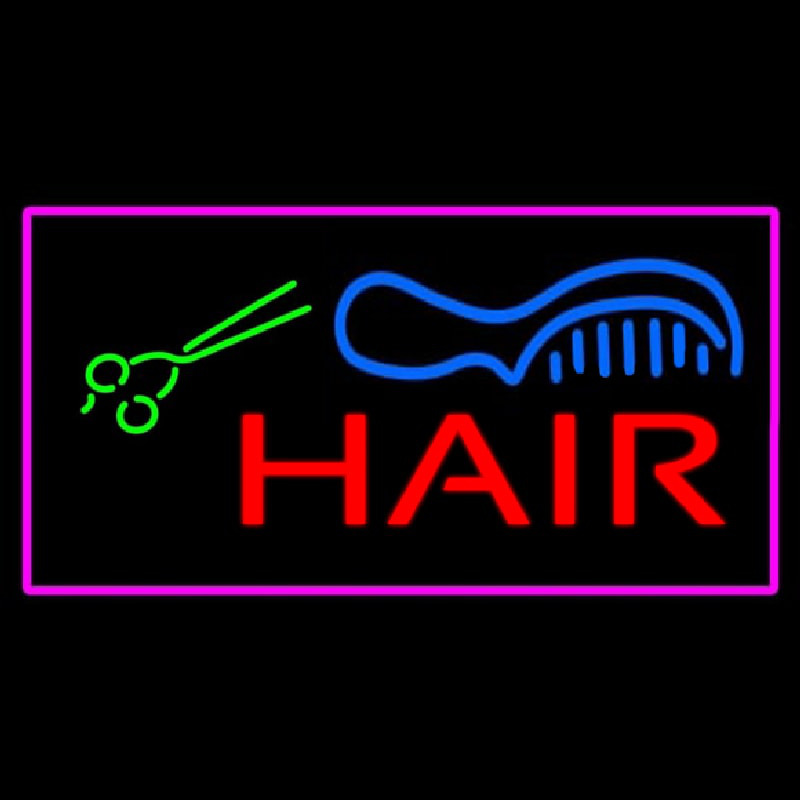 Red Hair With Comb And Scissor Pink Border Neon Sign