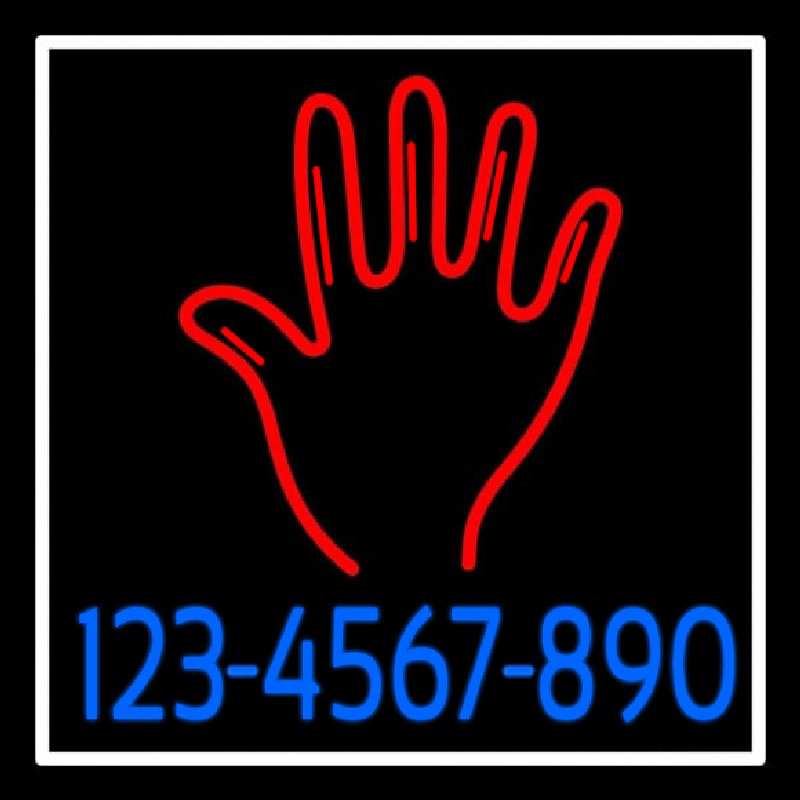 Red Palm Blue Phone Number White Border Neon Sign