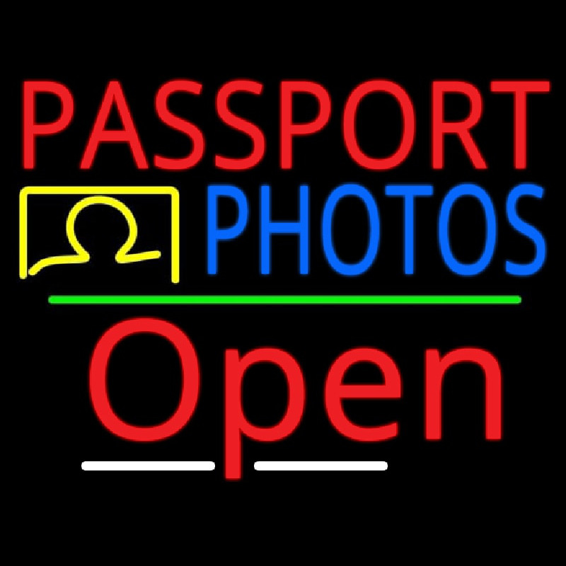 Red Passport Blue Photos With Open 3 Neon Sign