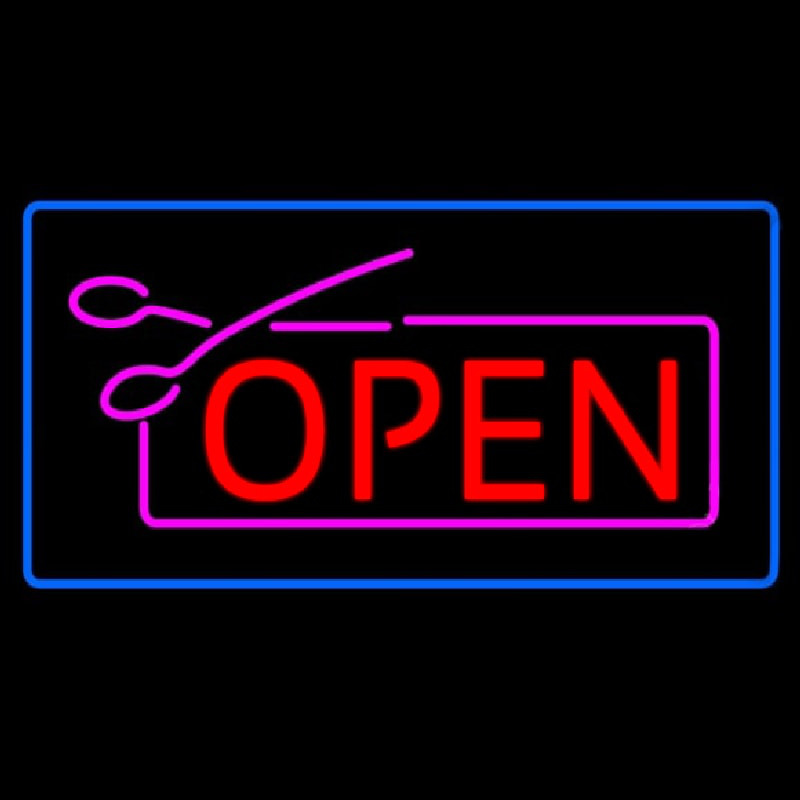 Red Pink Open With Scissors Blue Border Neon Sign