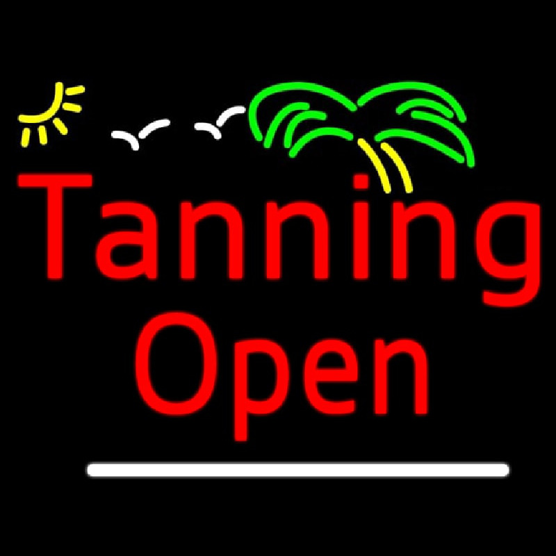 Red Tanning Open White Line With Palm Tree Neon Sign