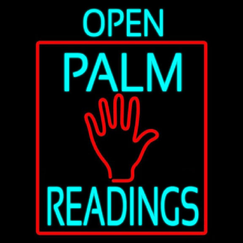 Turquoise Open Palm Readings Red Border Neon Sign