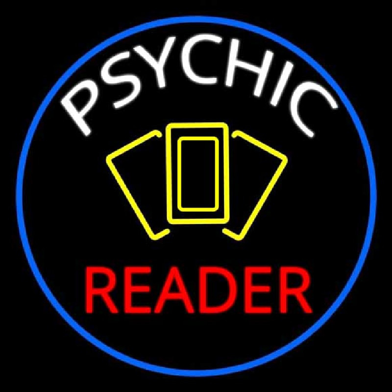 White Psychic Red Reader Yellow Cards And Blue Border Neon Sign